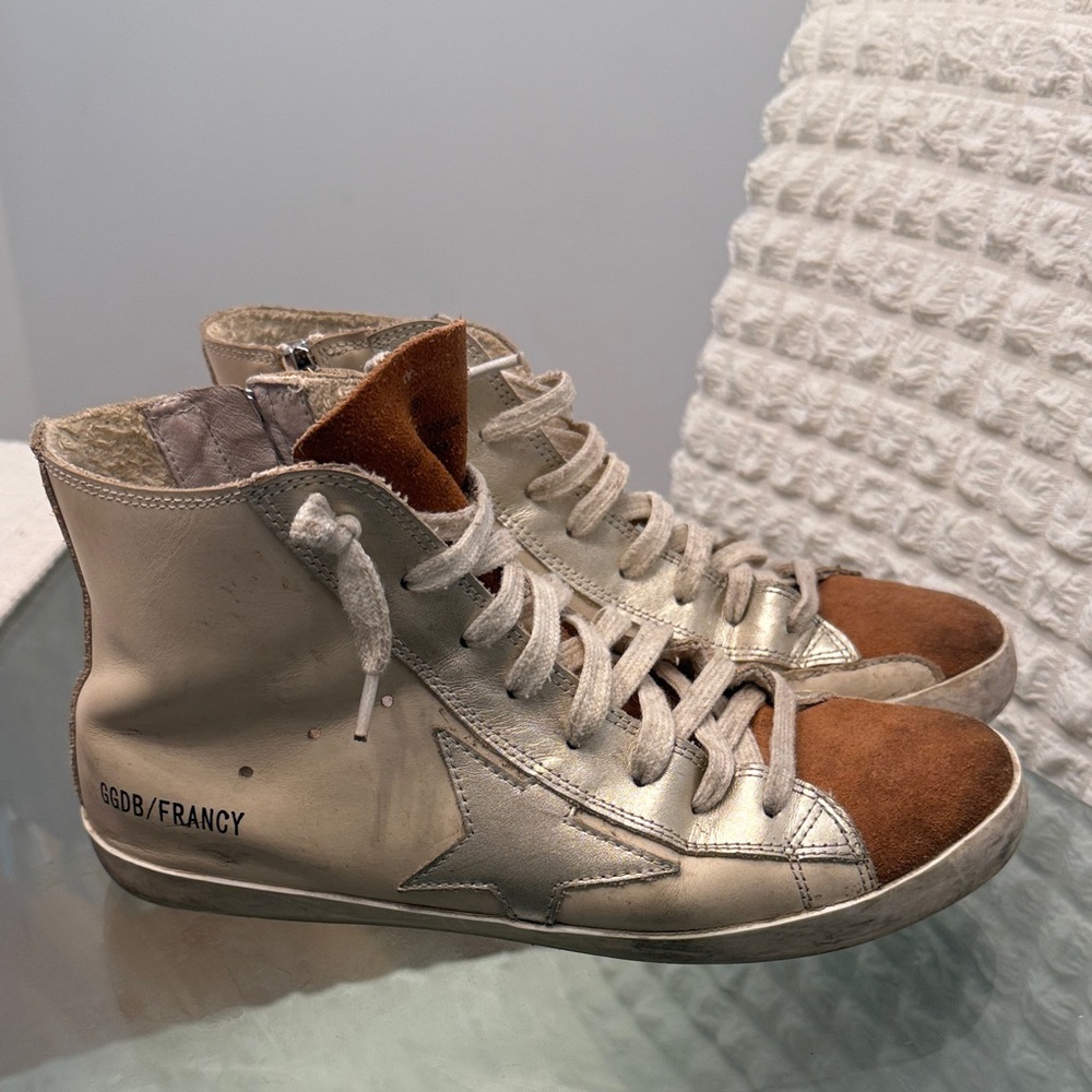 Golden Goose Silver and Tan Francy Sneakers